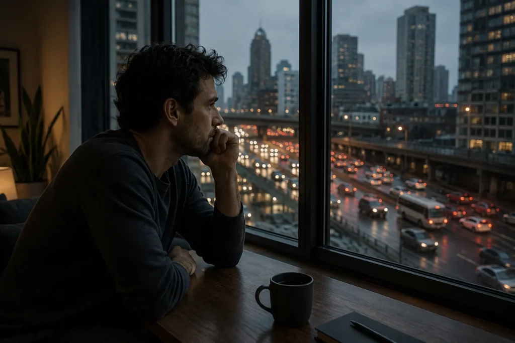 Man sitting beside a window overlooking heavy city traffic, illustrating chronic noise pollution and its potential effects on stress and heart health.