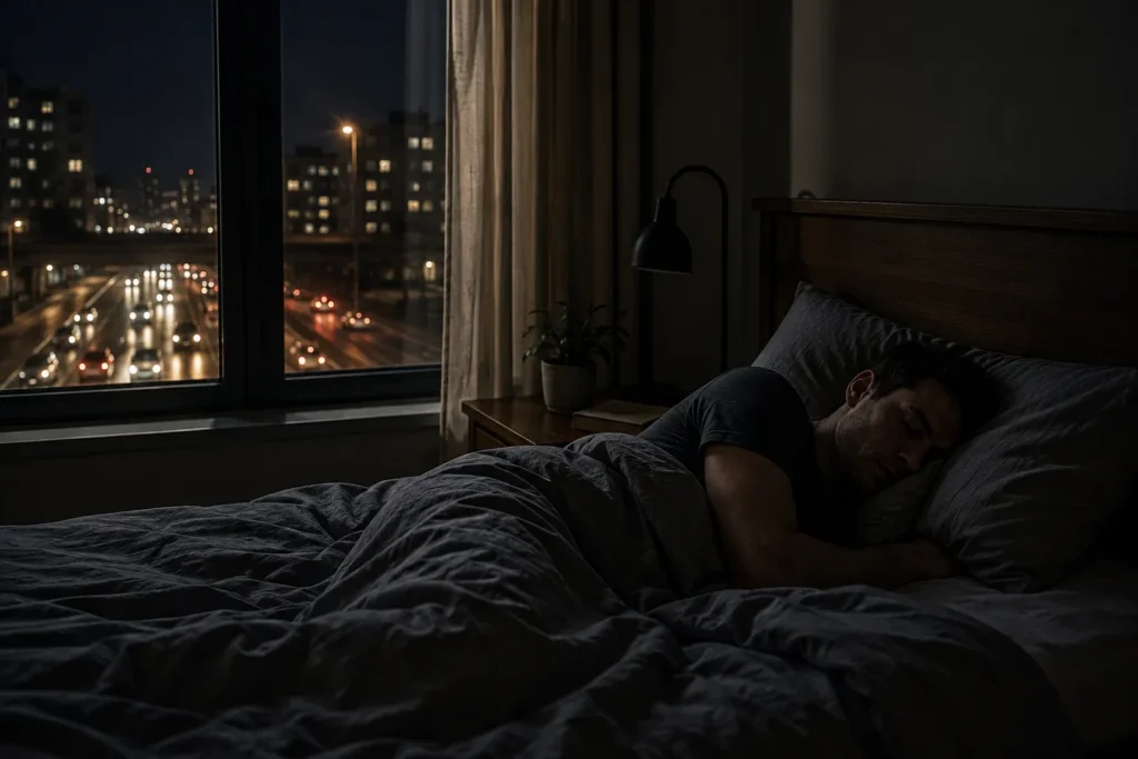 Man sleeping beside a window overlooking nighttime city traffic, illustrating how noise pollution can disrupt sleep.