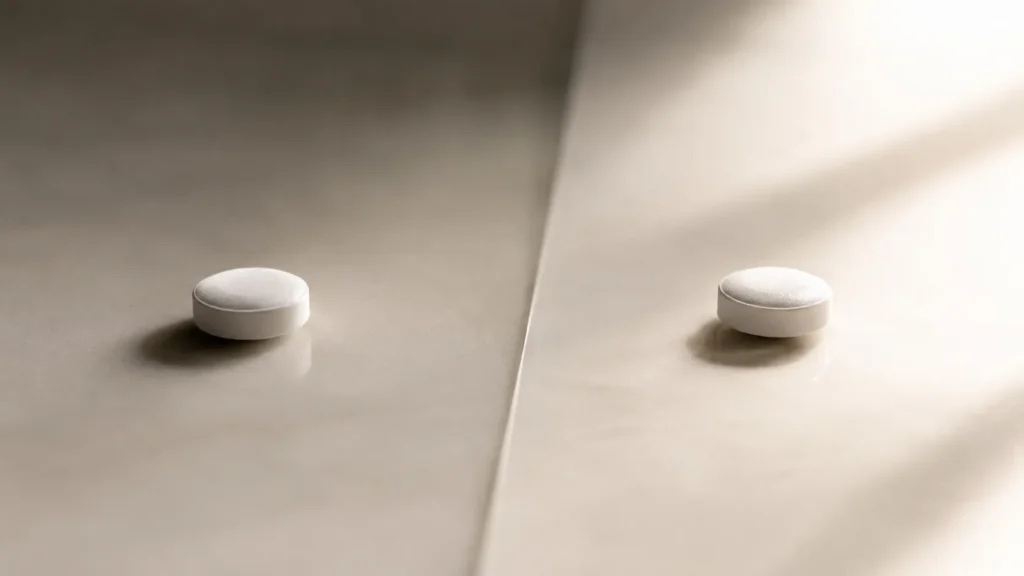 Two identical white tablets under different lighting conditions, representing how expectations can influence placebo and nocebo responses.