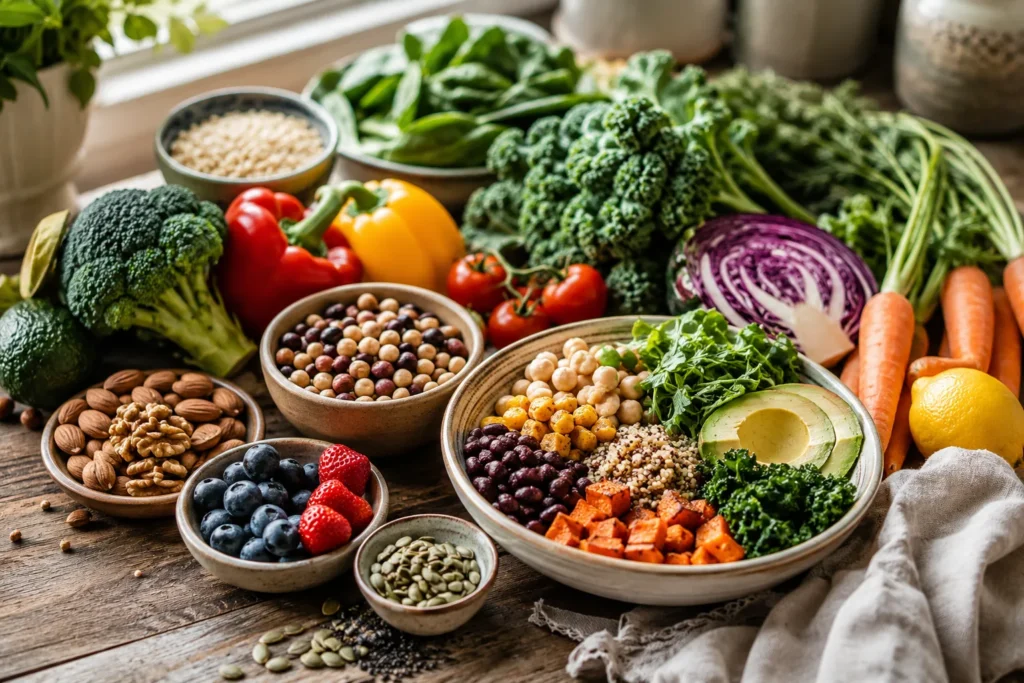 Colorful whole plant foods including vegetables, beans, whole grains, nuts, seeds and berries