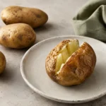 Plain baked potato with fresh whole potatoes, illustrating potatoes for weight loss and blood sugar.