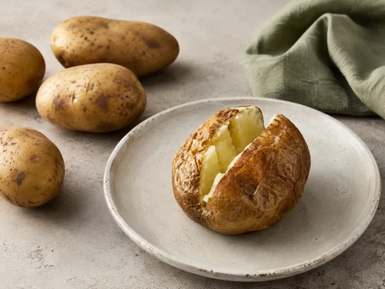 Plain baked potato with fresh whole potatoes, illustrating potatoes for weight loss and blood sugar.