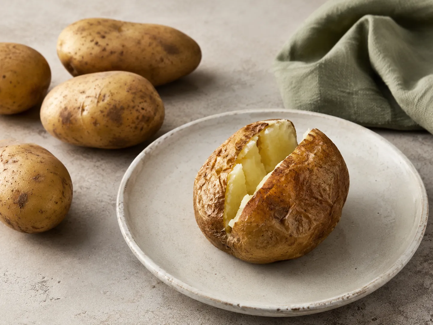 Plain baked potato with fresh whole potatoes, illustrating potatoes for weight loss and blood sugar.