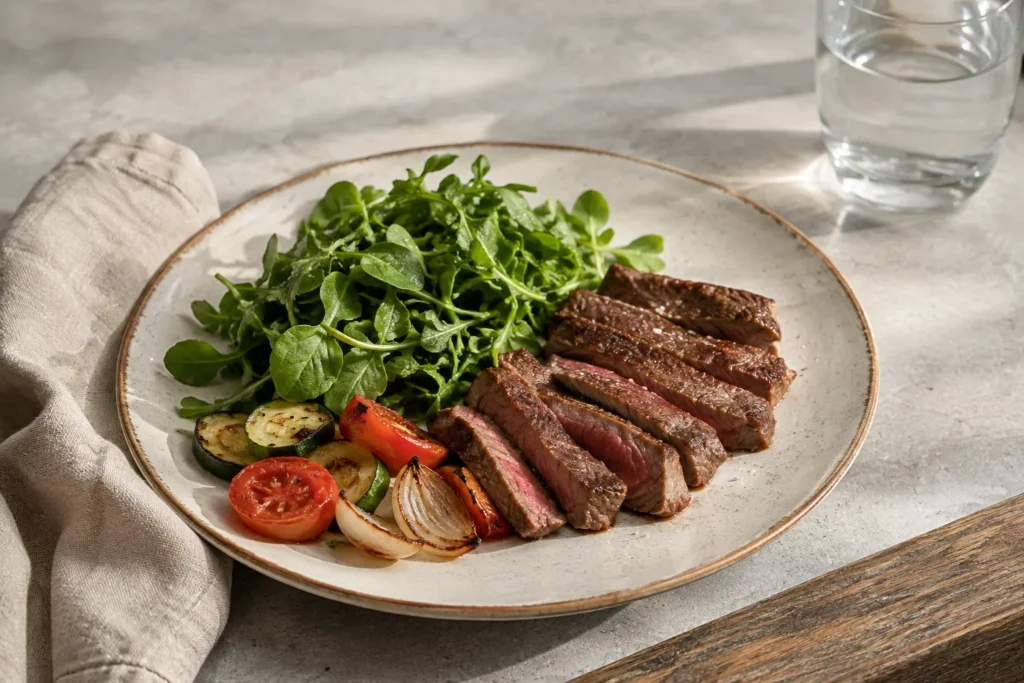 Grass-fed steak served with leafy greens and vegetables, illustrating research on inflammation and the potential health benefits of grass-fed beef.
