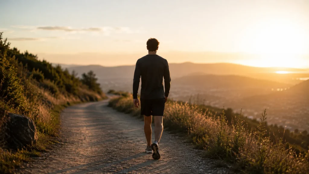 Man walking along an outdoor trail at sunrise, representing gradual progress created through consistent action and repeated behavior.