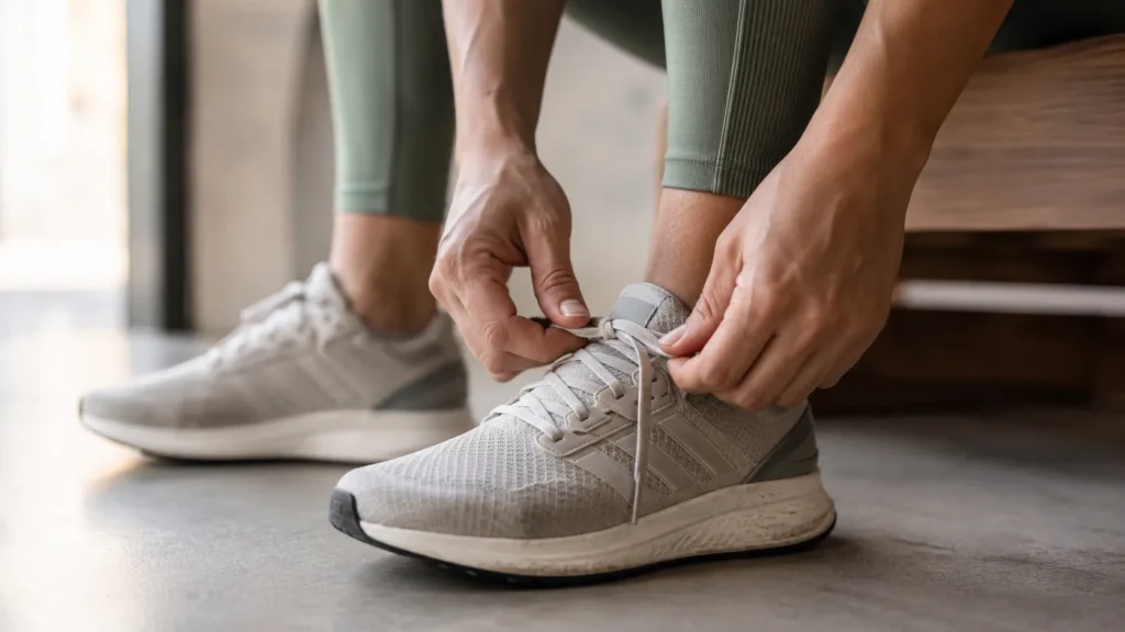 Person tying running shoes as part of a familiar routine, representing how repetition strengthens habits and learned behaviors through neuroplasticity.