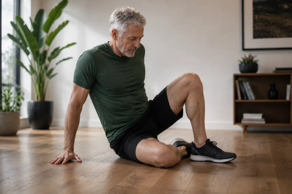Older man performing a floor-to-standing movement similar to the sitting-rising test used in longevity research.