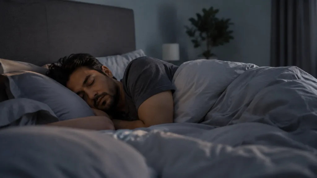 Man sleeping in a dark bedroom representing the effects of sleep on gene expression and health