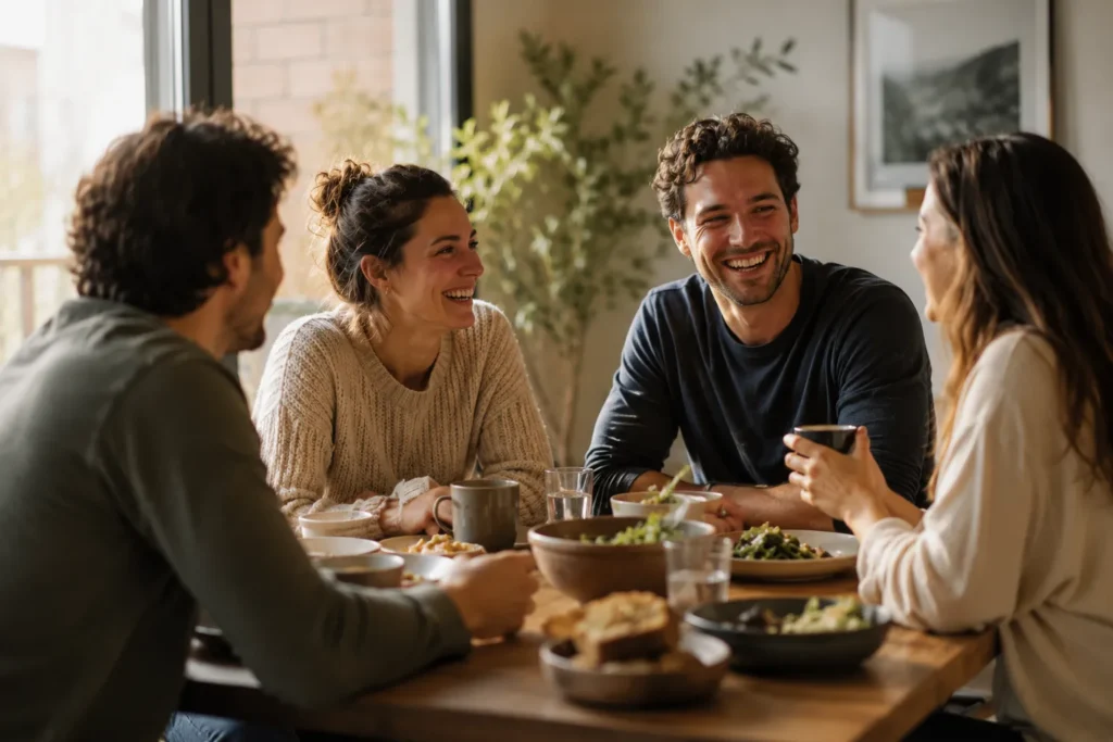 Friends sharing a meal and conversation representing social connection and its relationship with health