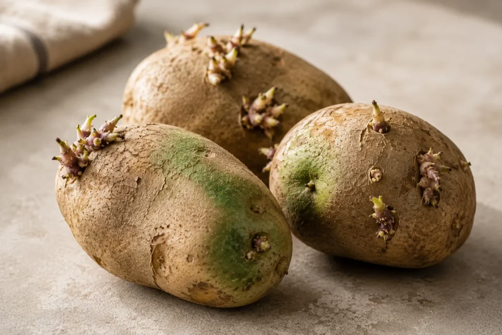 Sprouted potatoes with green skin showing signs associated with higher glycoalkaloid concentrations.