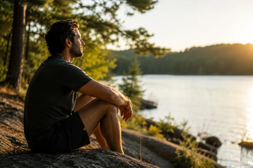 Man relaxing beside a lake at sunset representing stress management and recovery
