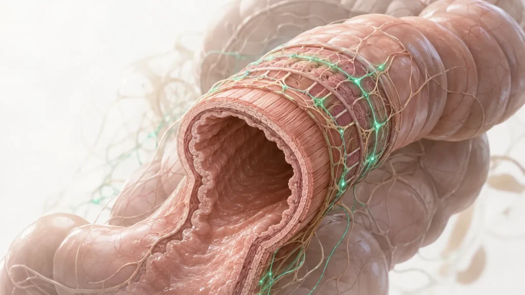 Illustration of intestinal muscles and enteric nerves involved in gut motility and bowel movements