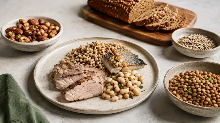 Vitamin B1-rich foods including pork, fish, whole grains, beans, nuts and seeds