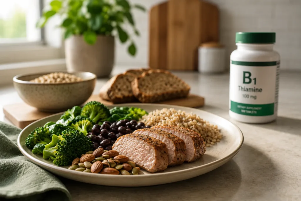 Vitamin B1-rich whole foods beside a thiamine supplement bottle in a kitchen