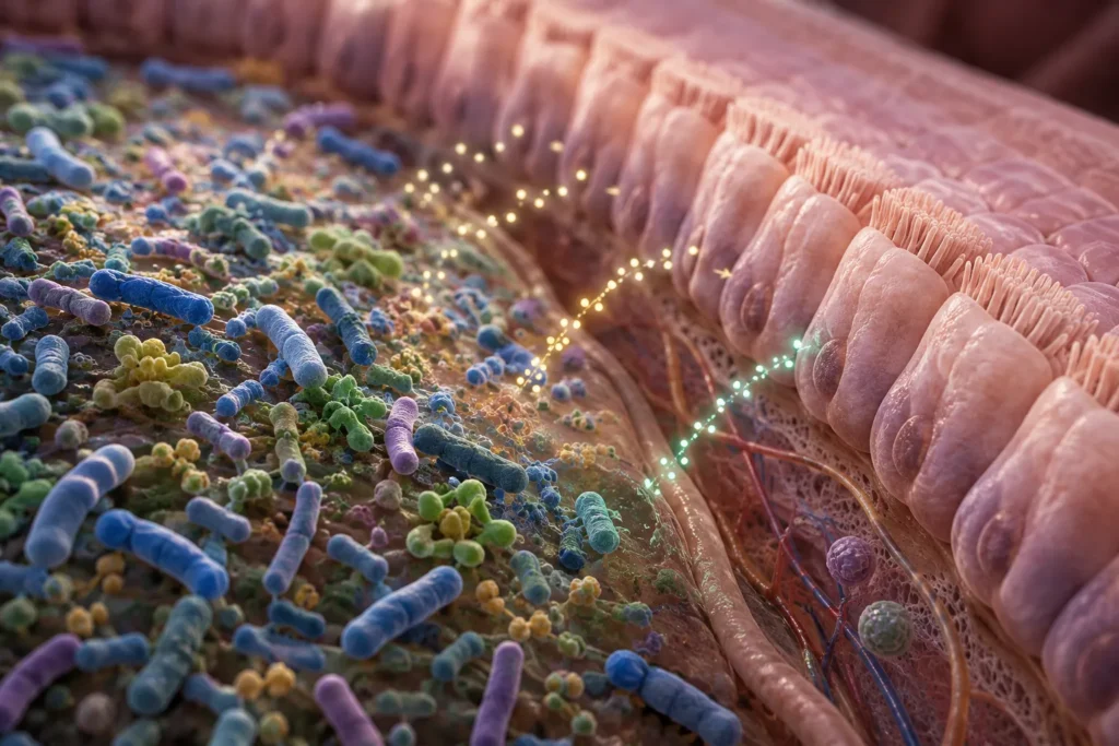 Scientific illustration of gut bacteria interacting with the intestinal lining and microbial metabolites