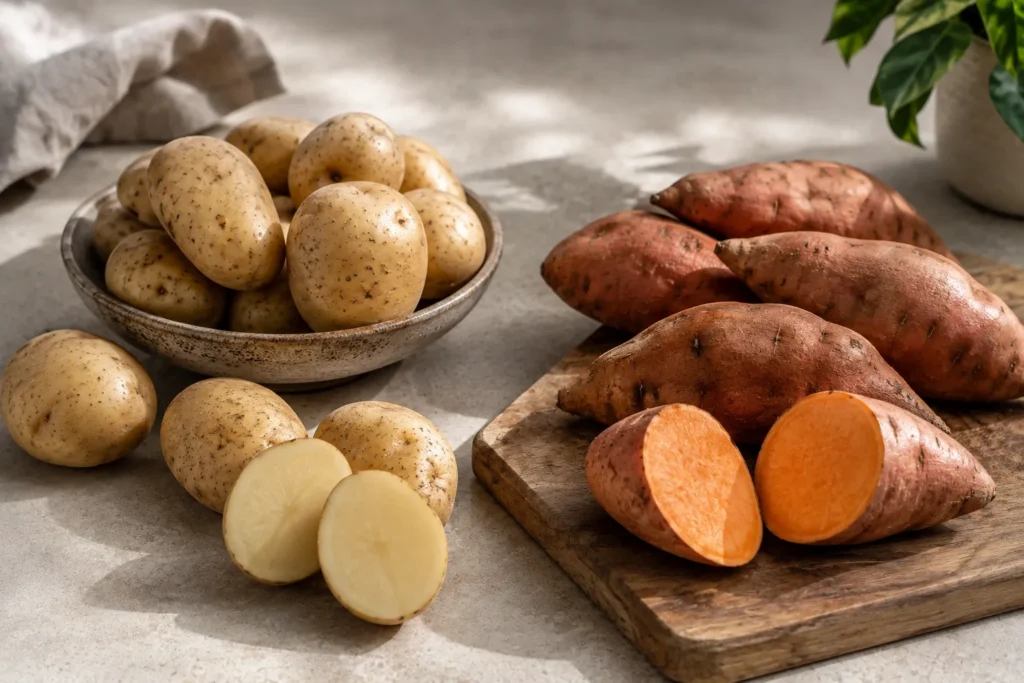 White potatoes and orange sweet potatoes compared side by side for their different nutritional benefits.