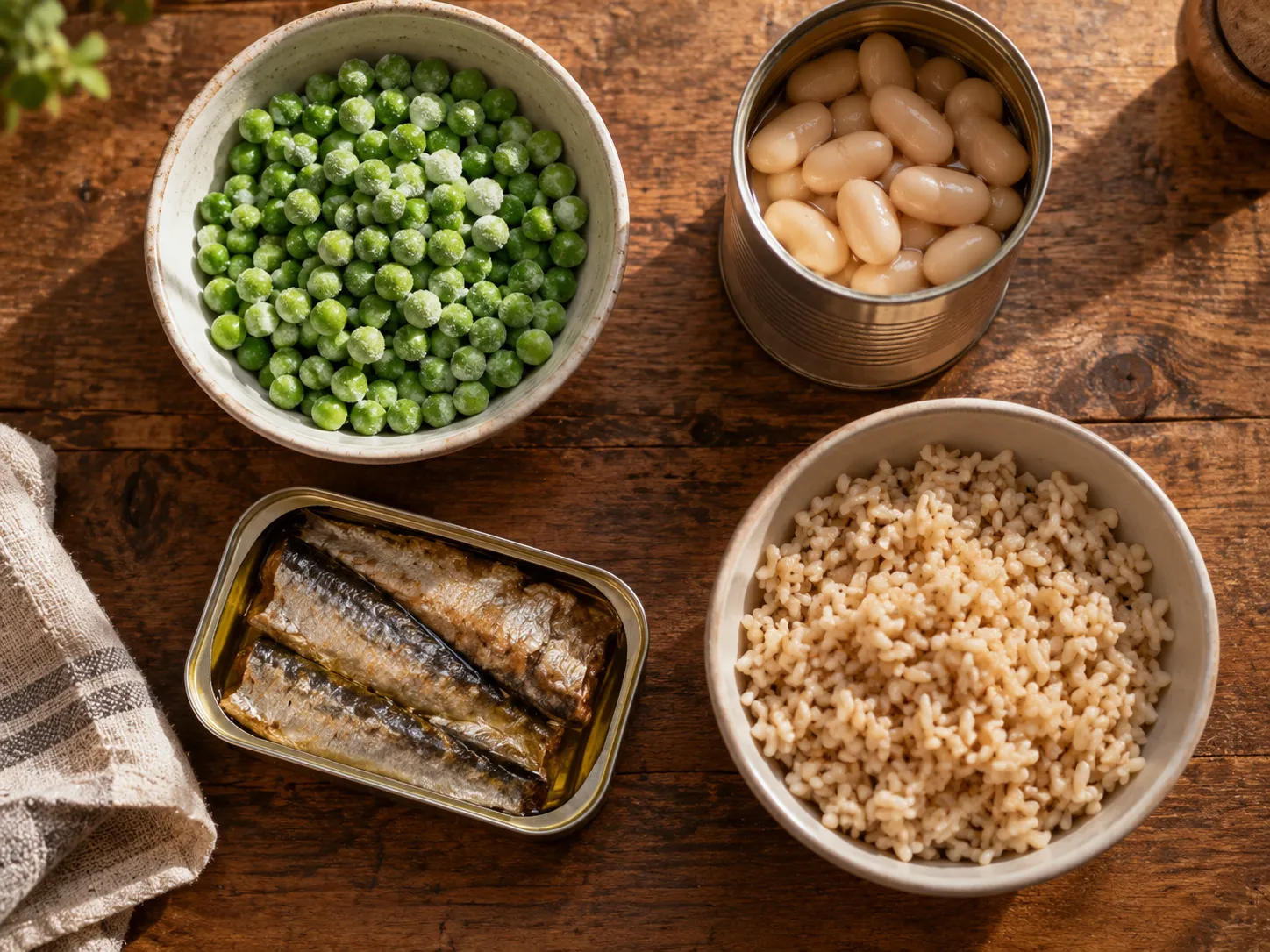 Frozen peas, canned beans, tinned sardines and cooked rice, all minimally processed and convenient.