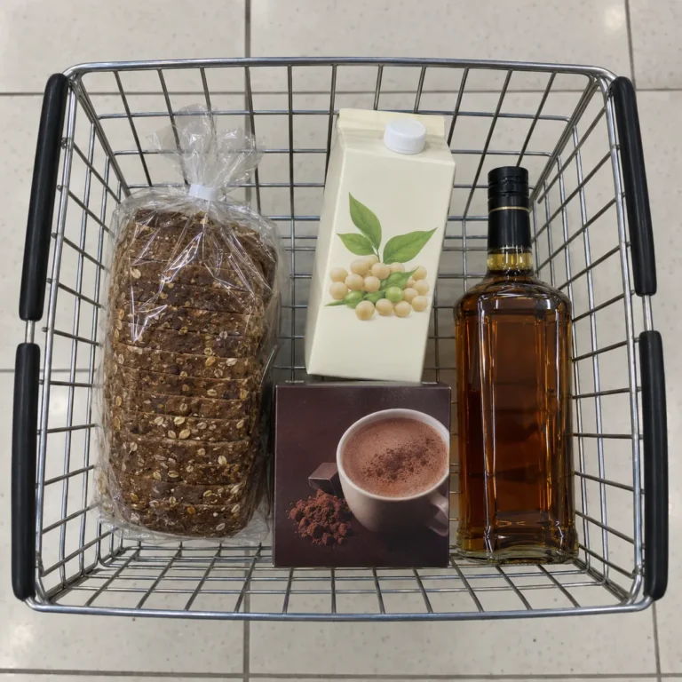 A shopping basket holding bread, soy milk, cocoa mix and spirits, all classed as ultra-processed food in the study.