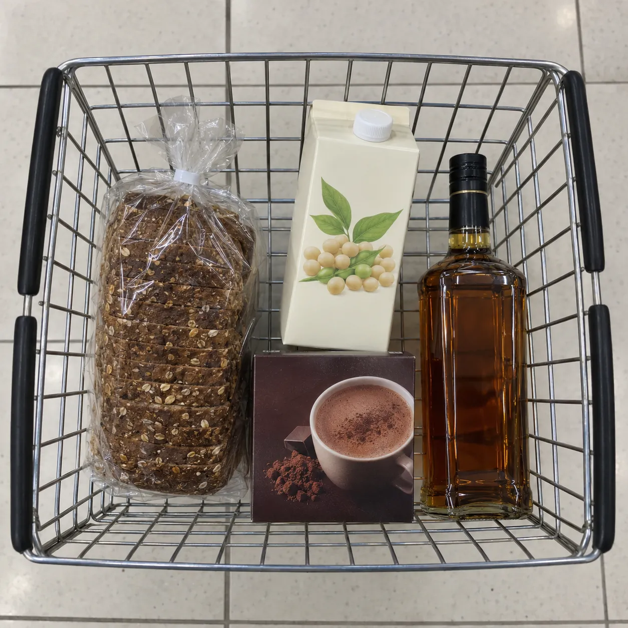 A shopping basket holding bread, soy milk, cocoa mix and spirits, all classed as ultra-processed food in the study.