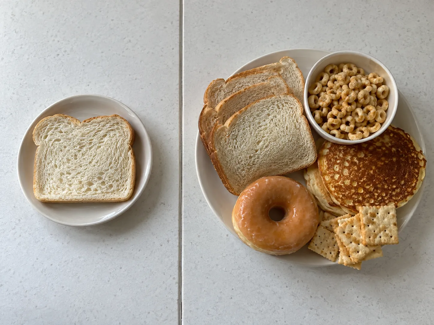 One slice of bread beside a plate piled with bread, cereal, a pancake and a donut, showing one serving against average daily intake.