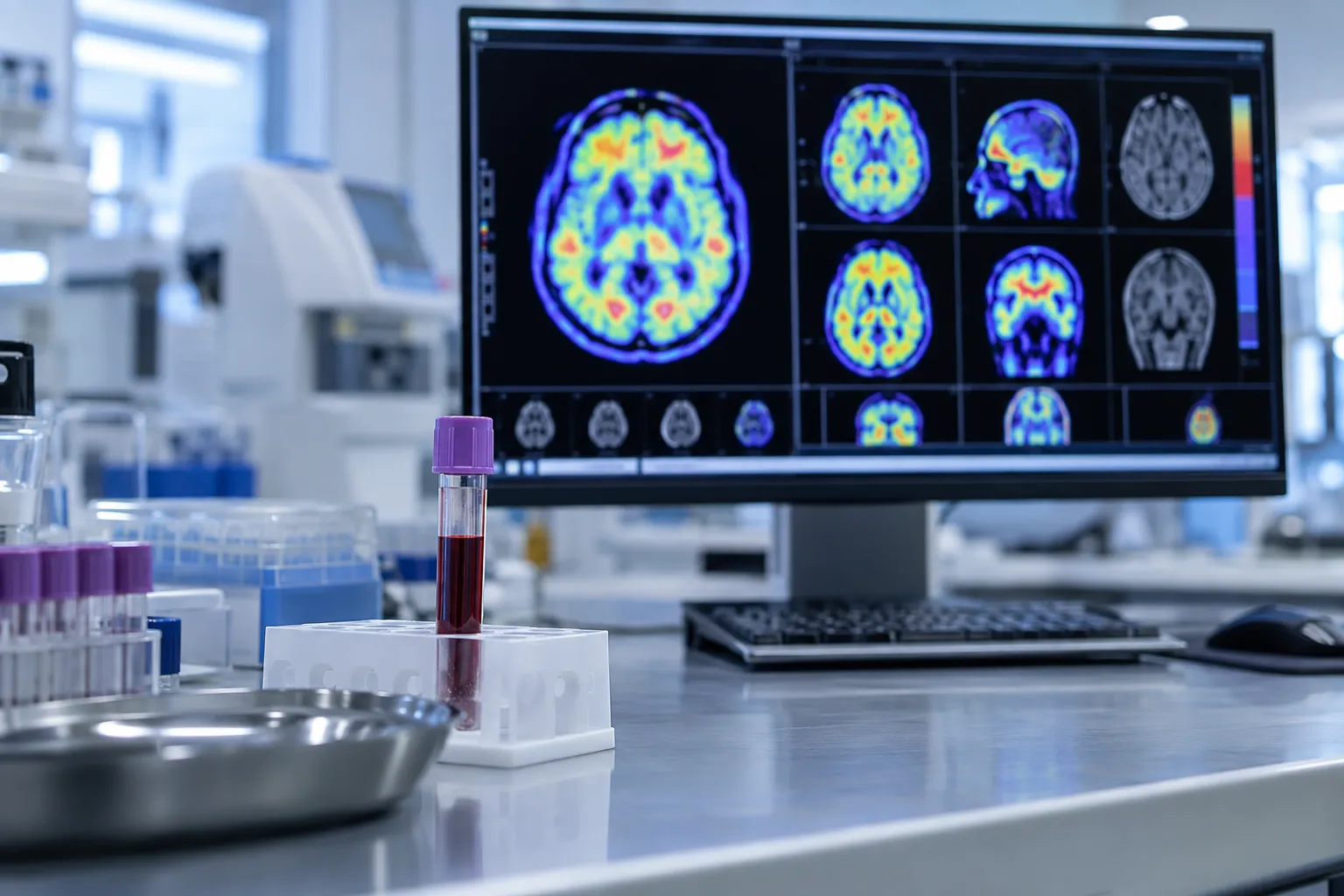 Brain PET scans on a monitor beside a blood sample, representing the 16-year vitamin D and tau protein study.