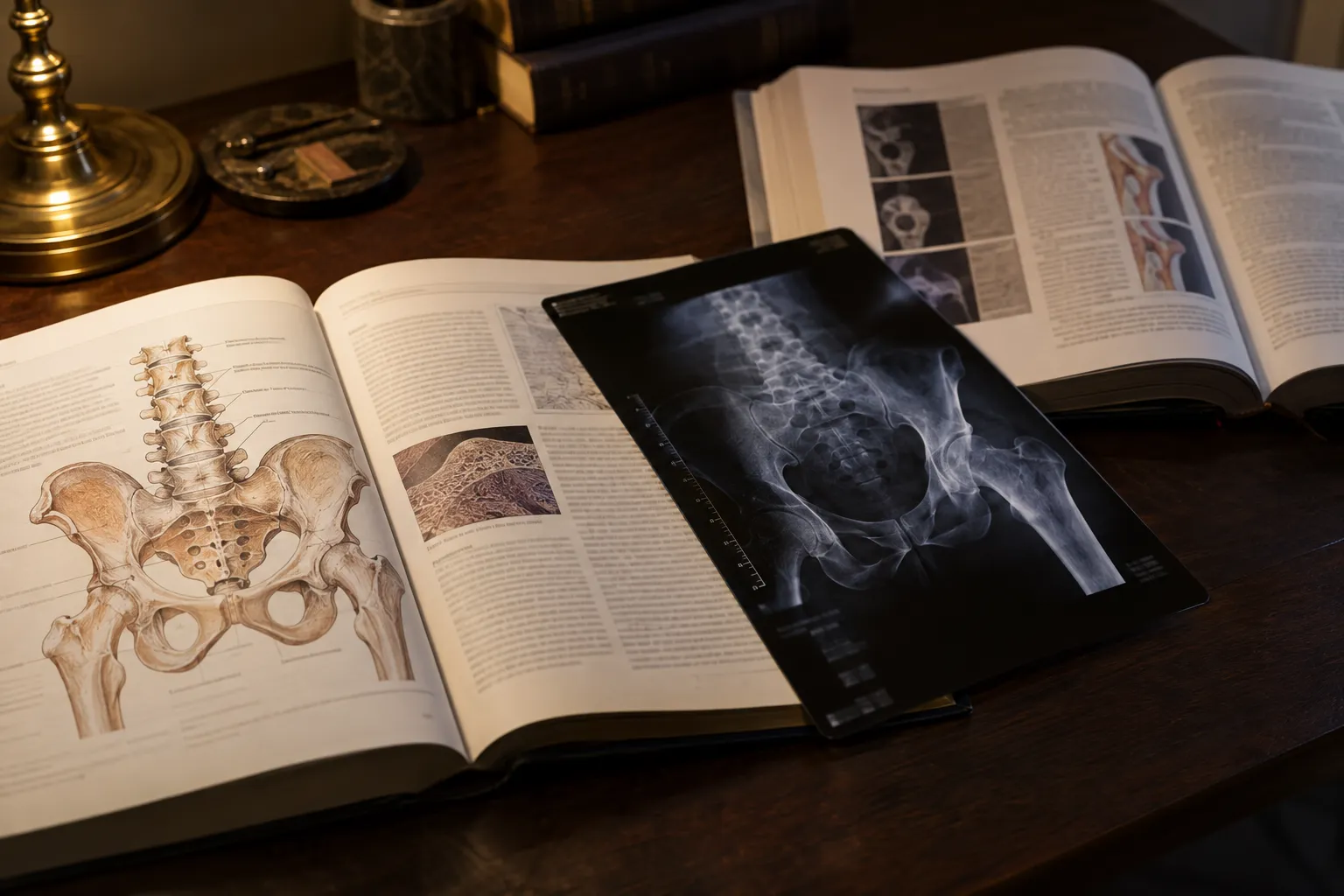 Medical reference books with a bone x-ray, showing that vitamin D guidelines were built around bone health.