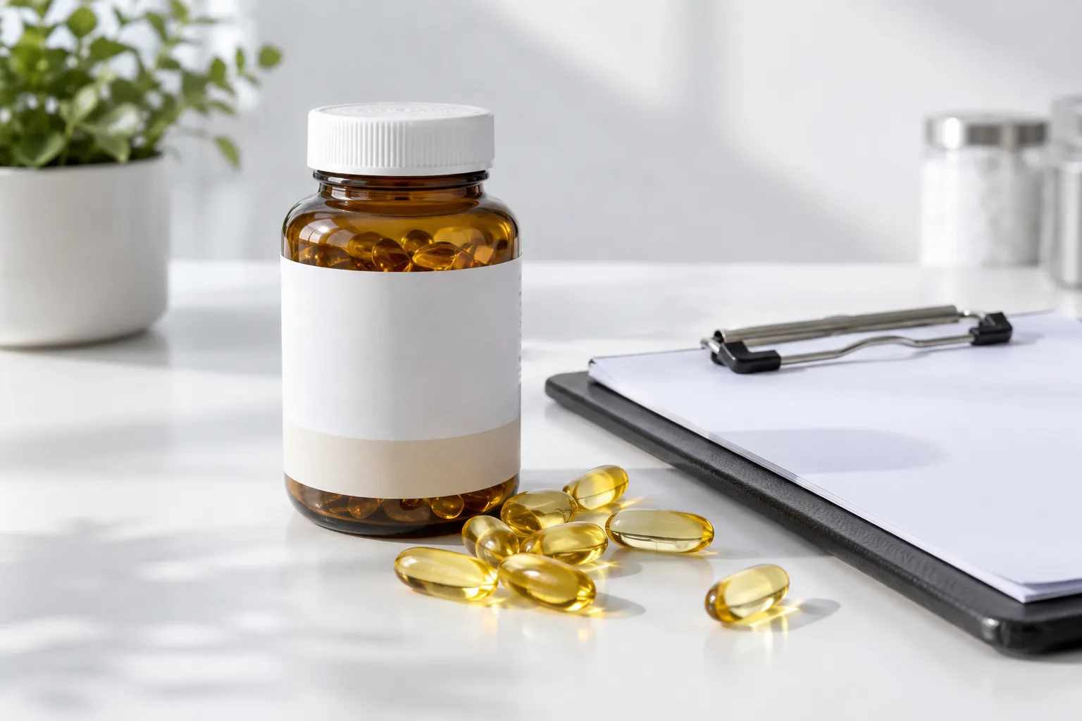 Vitamin D softgel capsules beside a clipboard, representing the supplement trials that found no dementia benefit.
