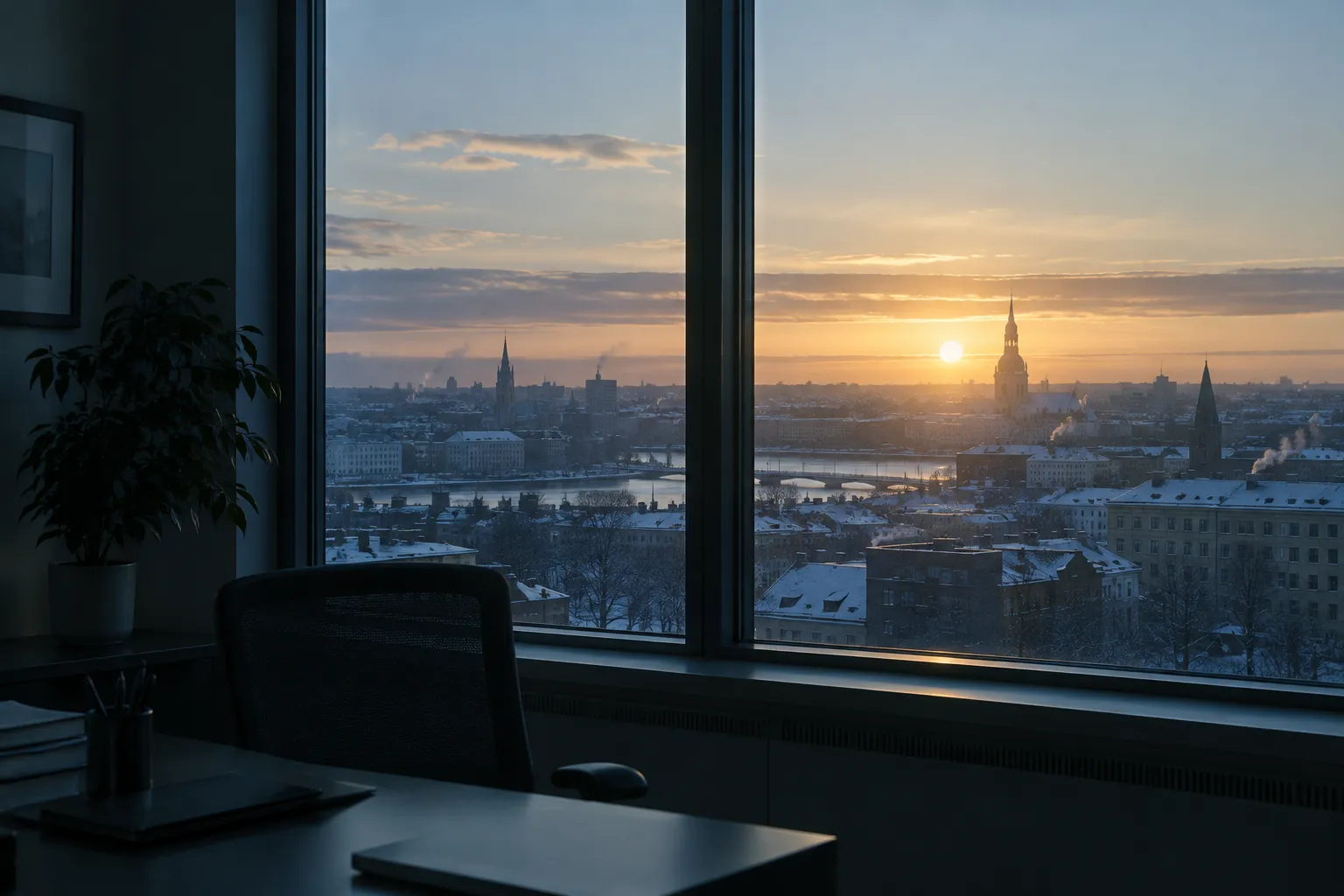 Low winter sun seen through an office window, showing why indoor workers in northern climates often have low vitamin D.